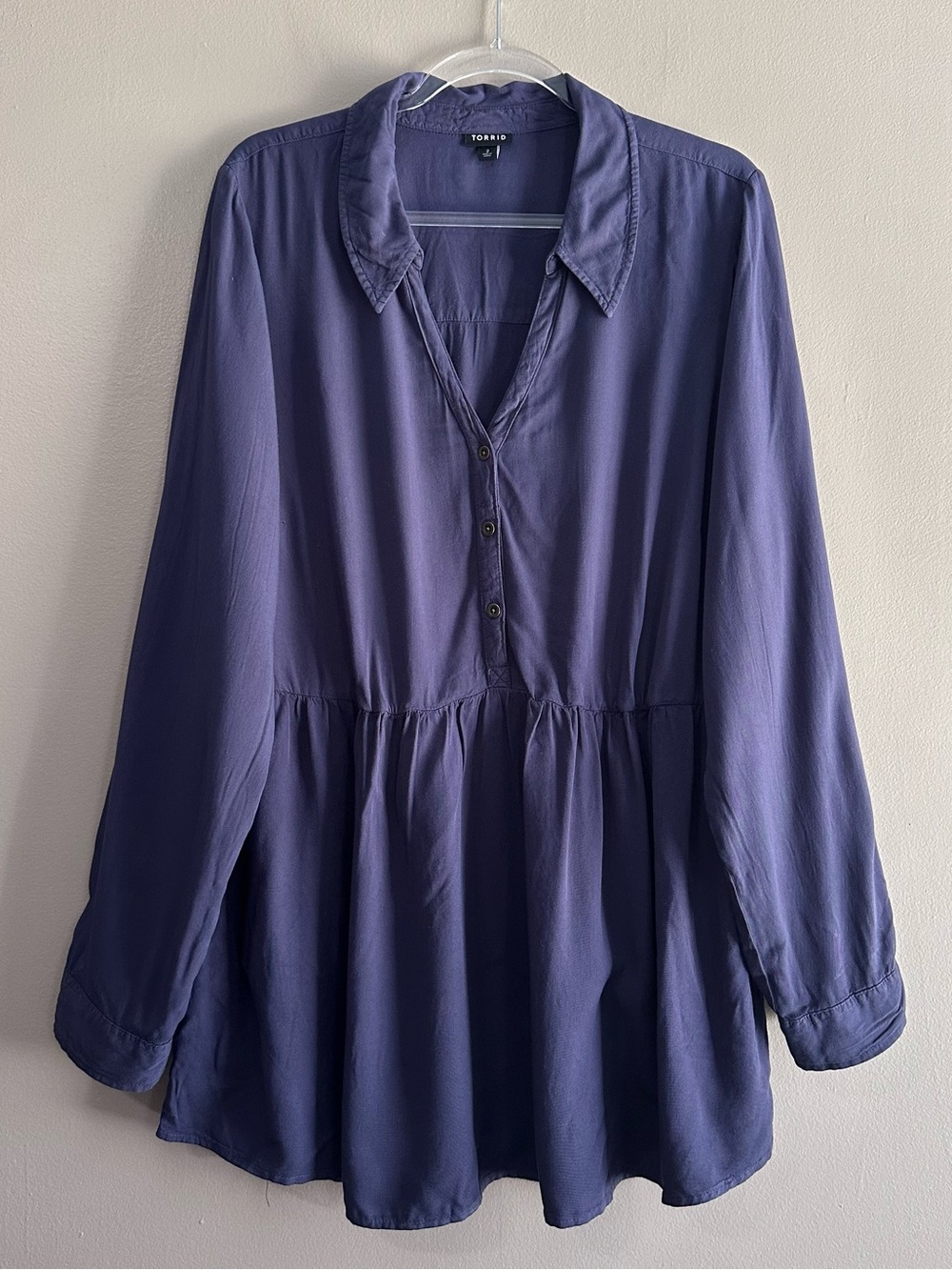 Torrid Blue Purple Longsleeve Half Button Babydoll Peplum Blouse Womens 2X
